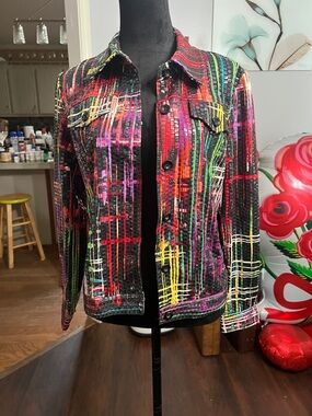 Perceptions Black Multicolor Brushstroke Jean Jacket